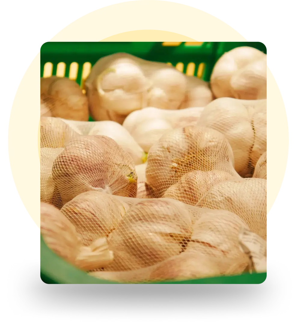 Mesh bags of garlic in a crate.
